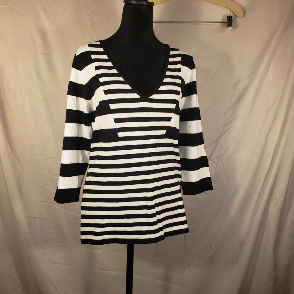 Cache Black and White Striped V-Neck Sweater - L